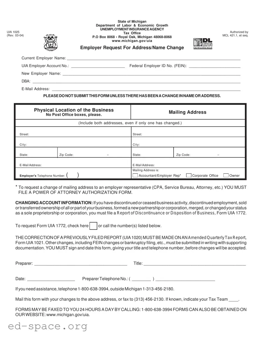 Blank Michigan Uia 1025 PDF Form
