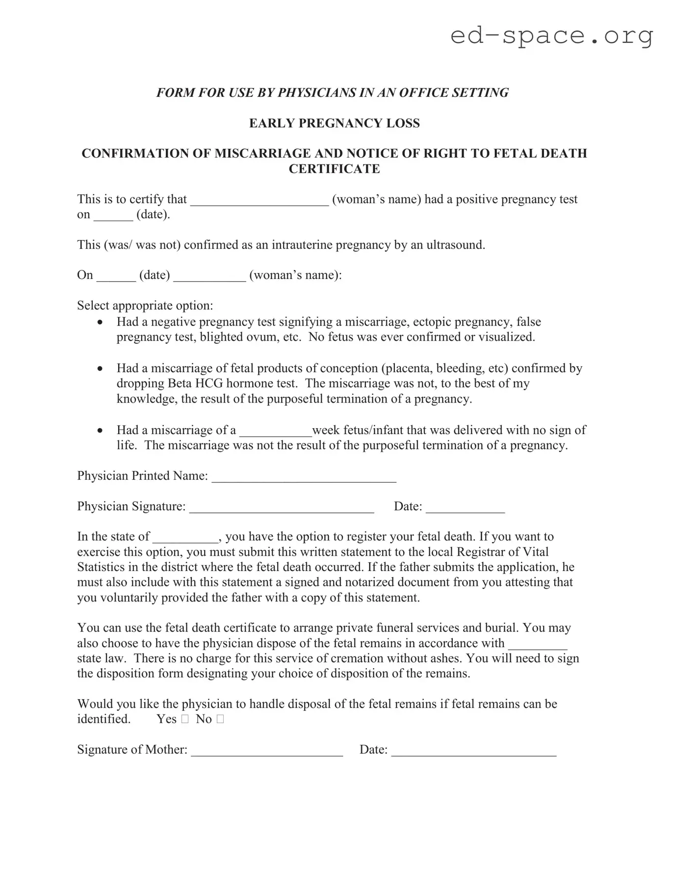 Blank Miscarriage Discharge Paper PDF Form