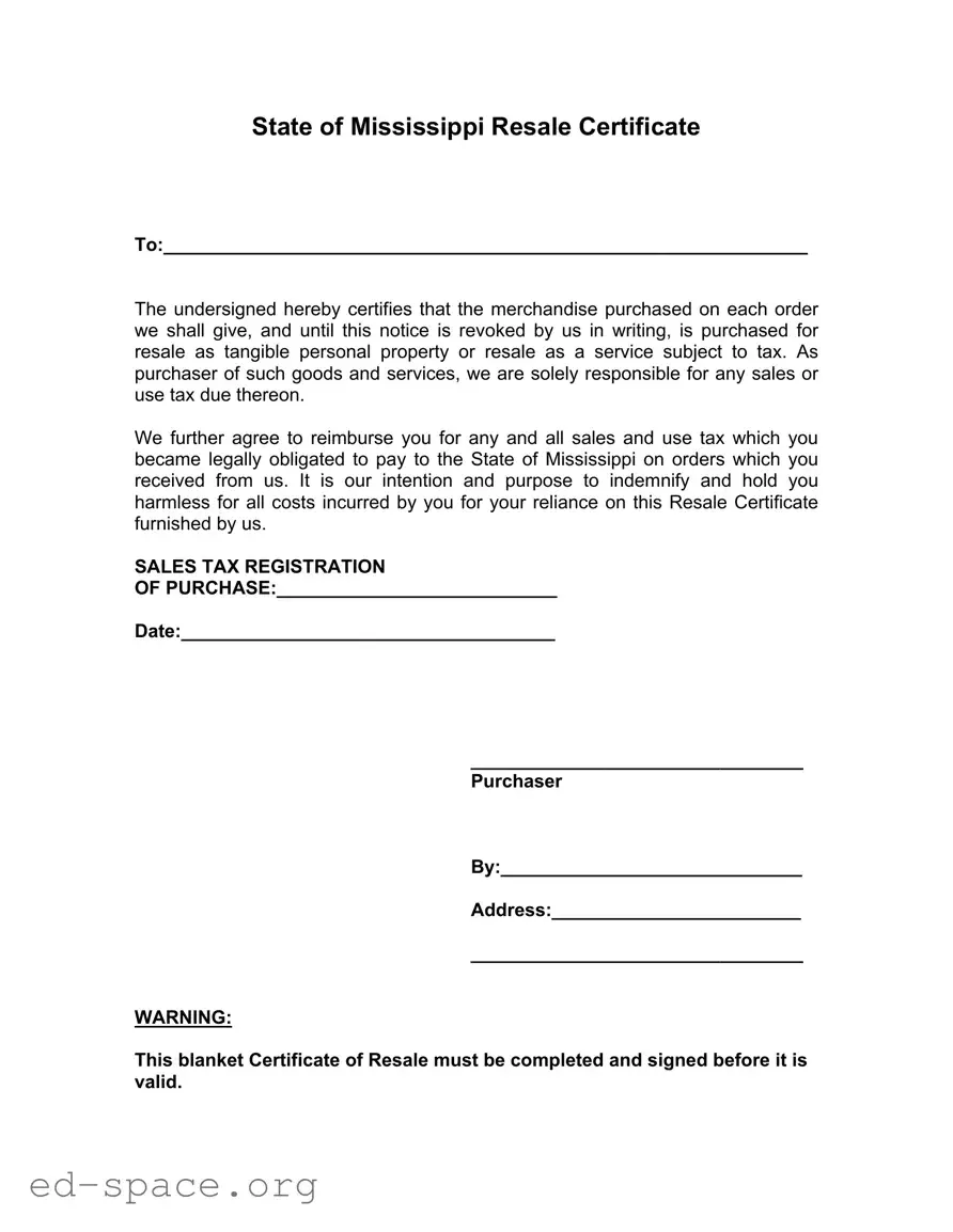 Blank Mississippi Resale Certificate PDF Form