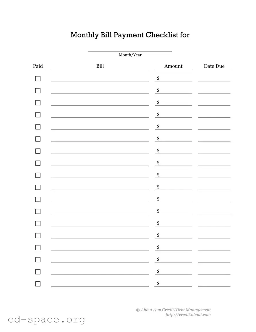 Blank Bill Payment Checklist PDF Form
