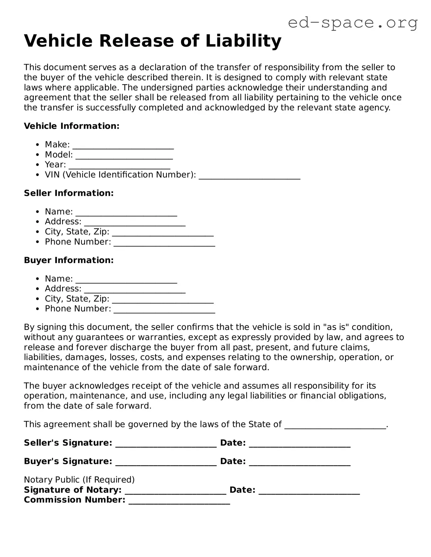 Fillable Vehicle Release of Liability Template
