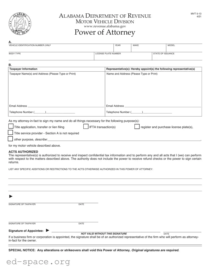 Blank Alabama Vehicle POA MVT 5-13 (Rev 09-19) PDF Form