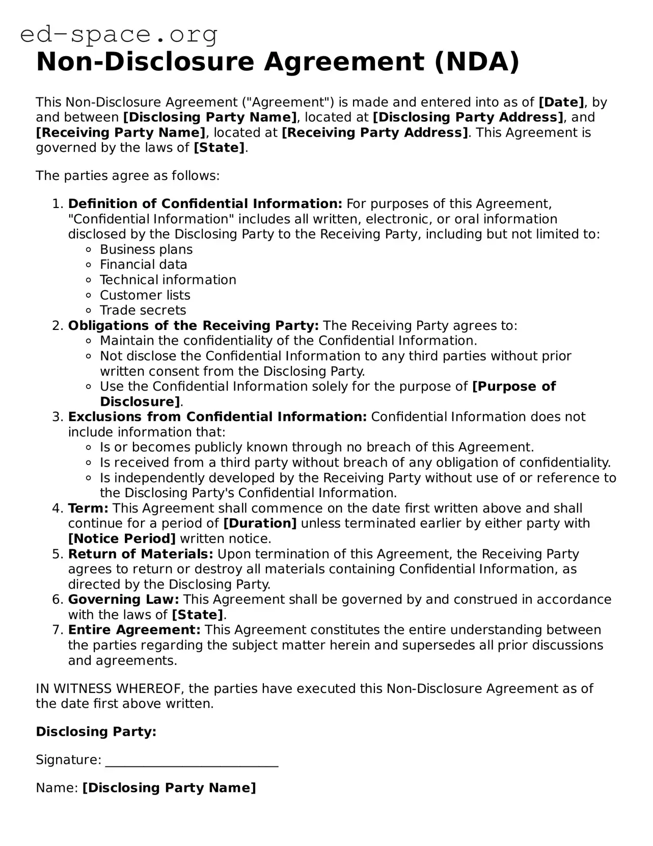 Fillable Non-disclosure Agreement Template