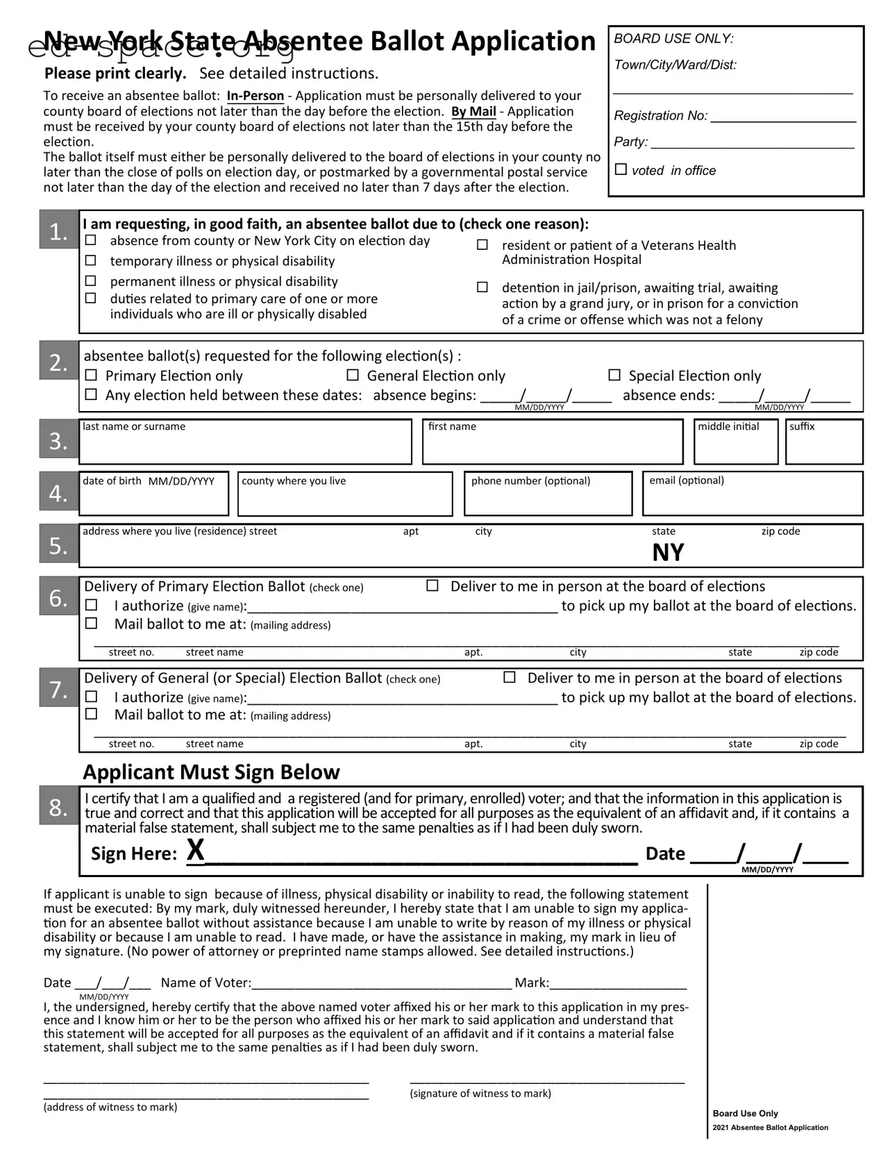 Blank New York Absentee Ballot Application PDF Form