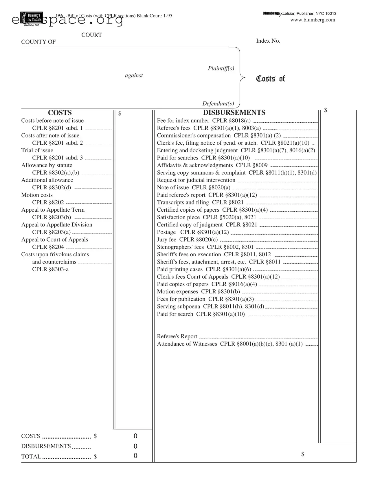 Blank New York Bill Costs PDF Form
