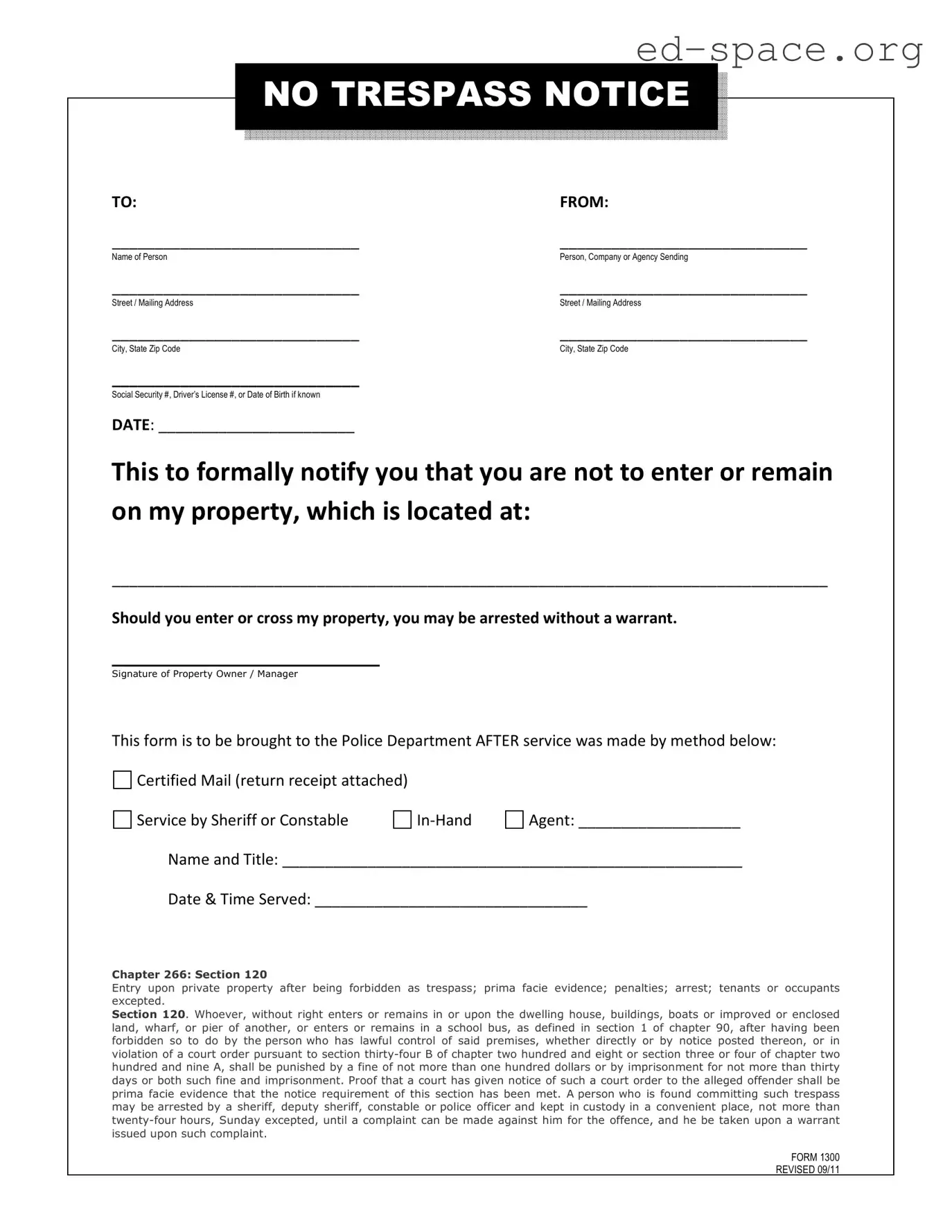 Blank No Trespassing Letter PDF Form