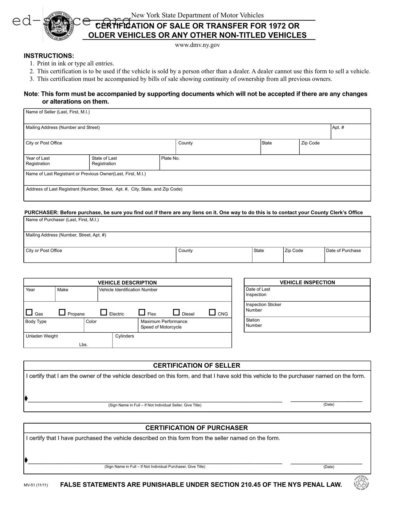 Blank New York Mv51 PDF Form
