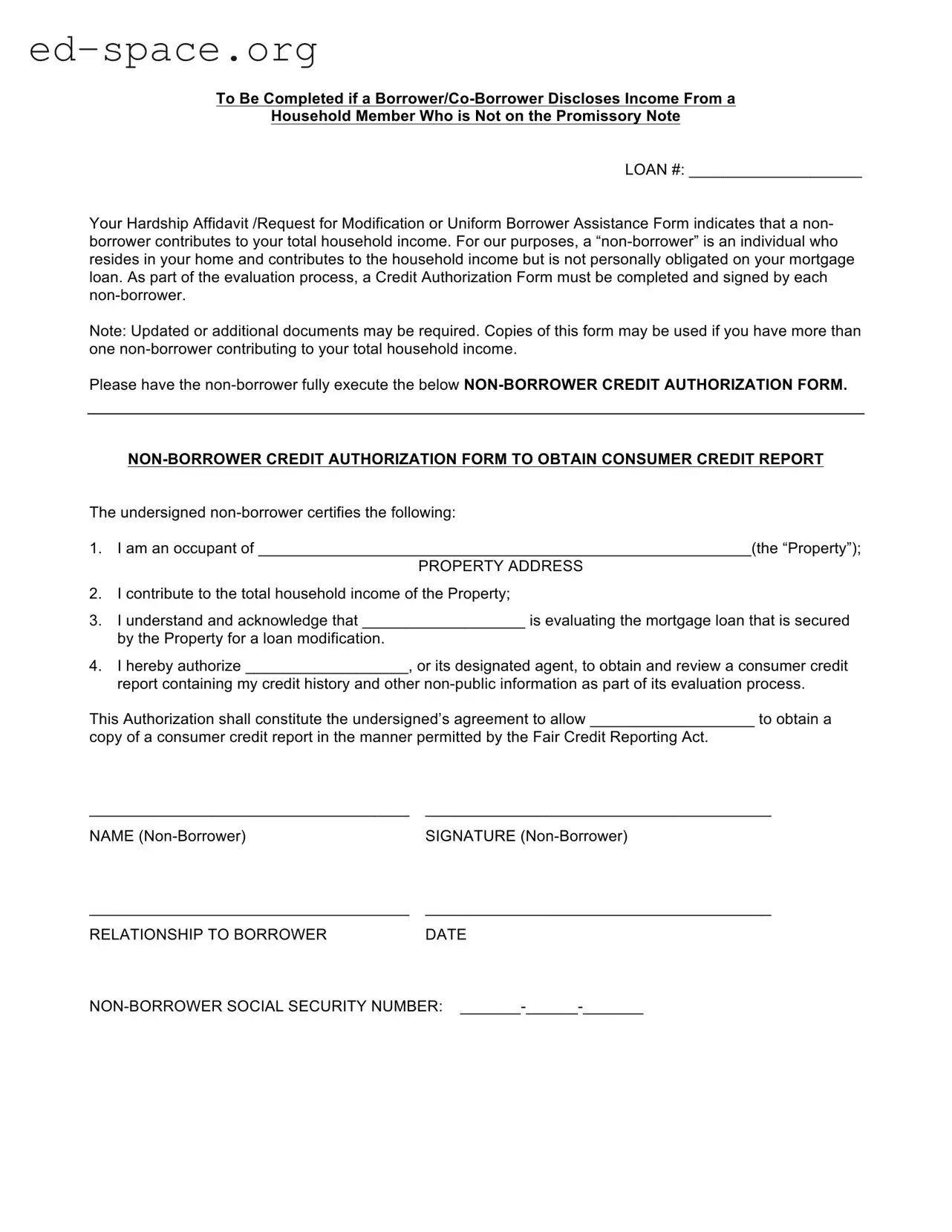 Blank Non Borrower Credit Authorization PDF Form