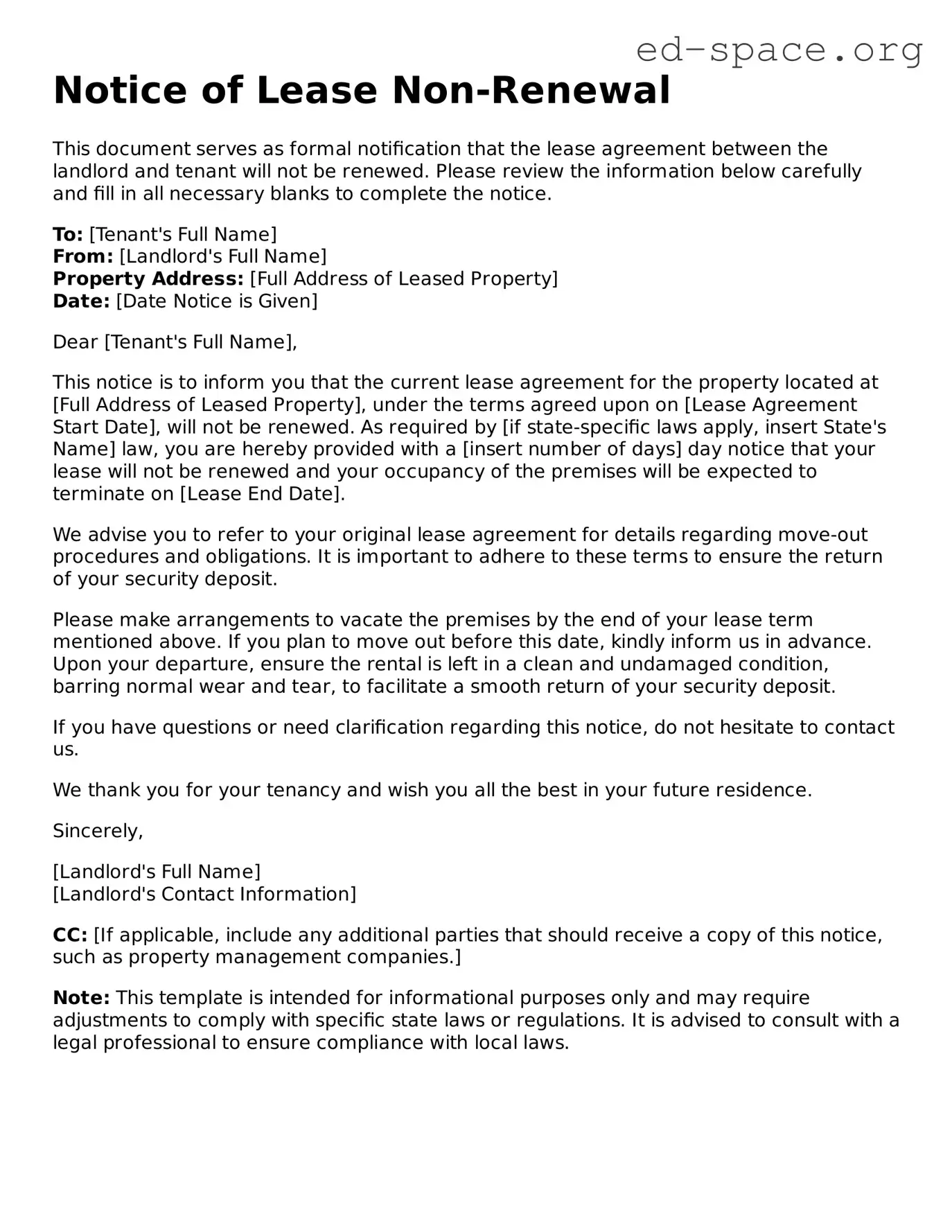 Fillable Notice of Lease Non-Renewal Template