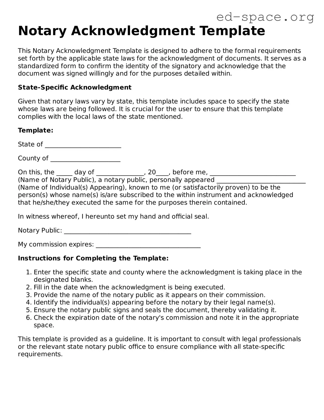 Fillable Notary Acknowledgement Template