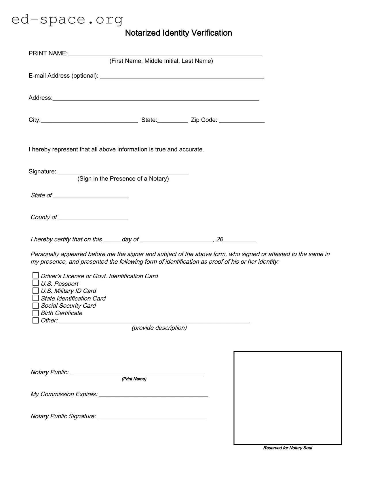 Blank Notarized Identity Verification PDF Form