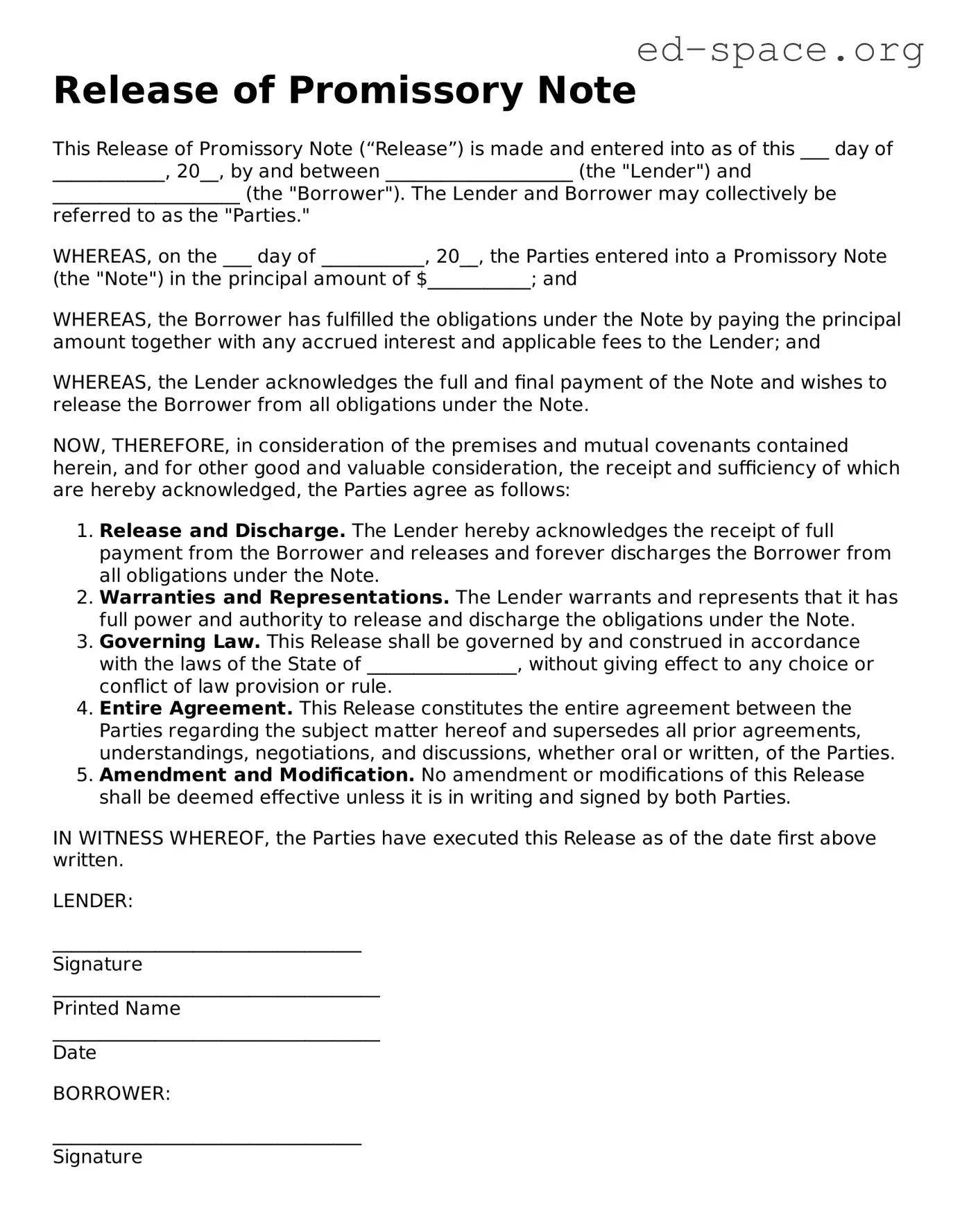 Fillable Release of Promissory Note Template