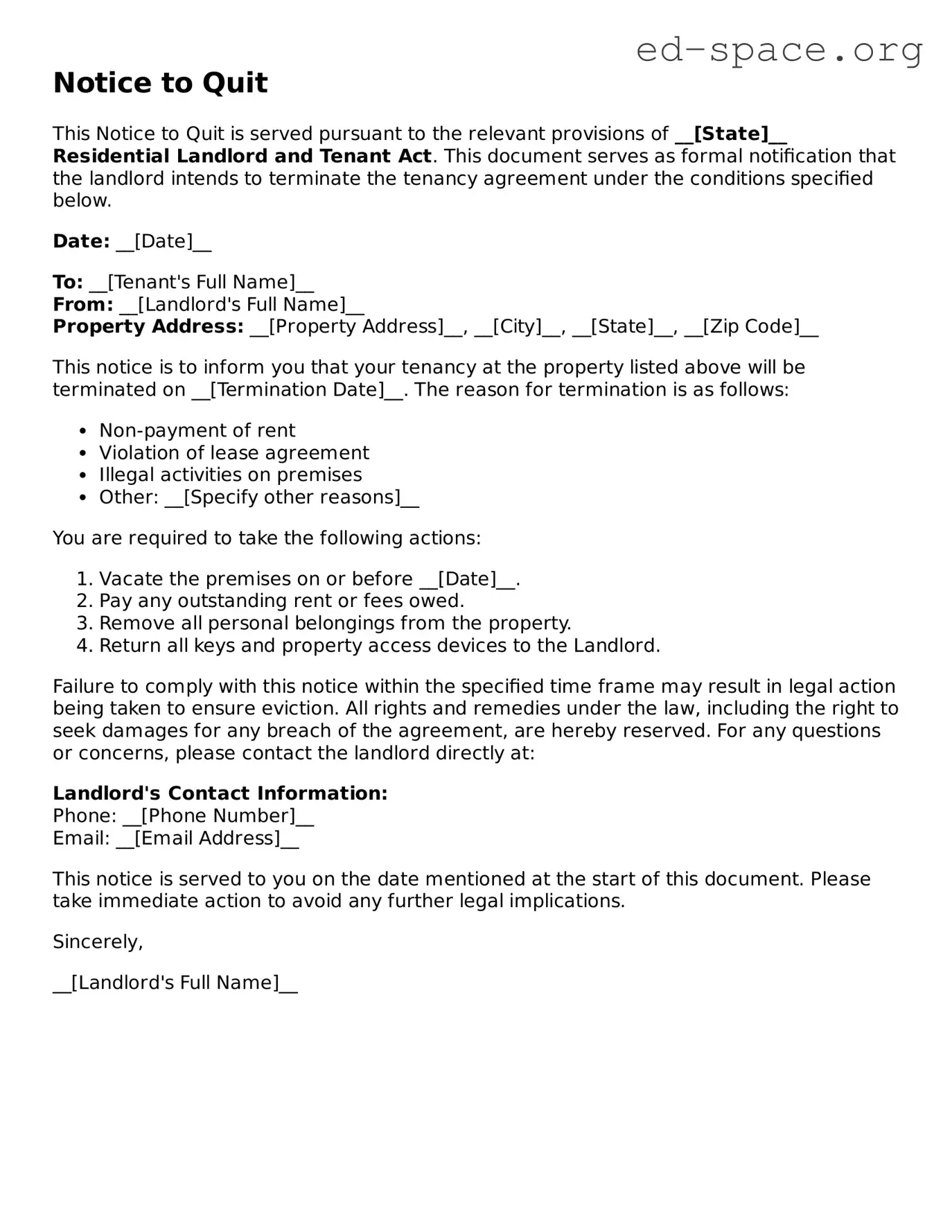 Fillable Notice to Quit Template