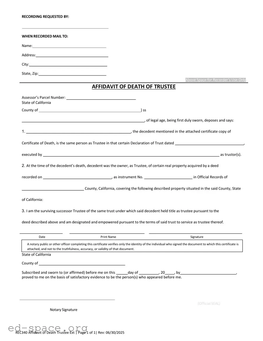 Blank California Affidavit of Death of a Trustee PDF Form