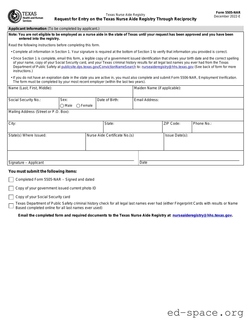 Blank Texas Nurse Aide Registry 5505-NAR PDF Form