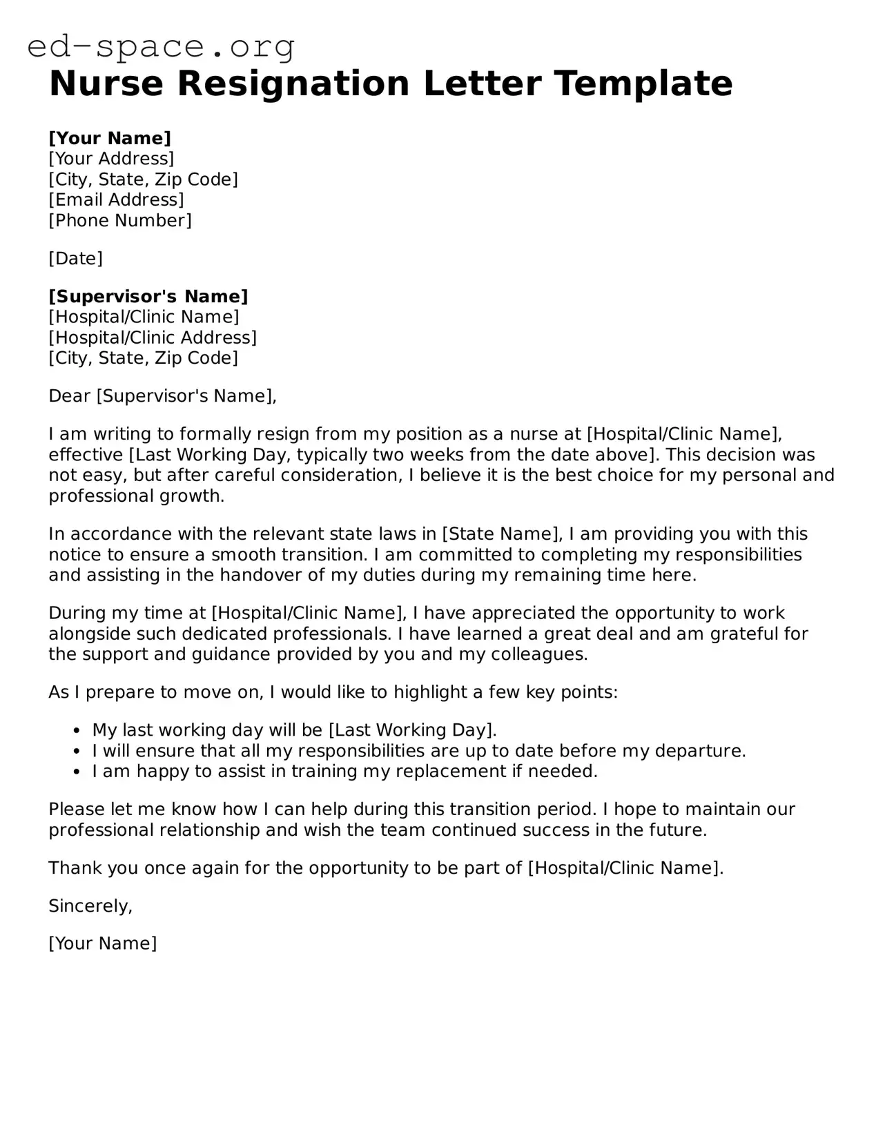 Fillable Nurse Resignation Letter Template