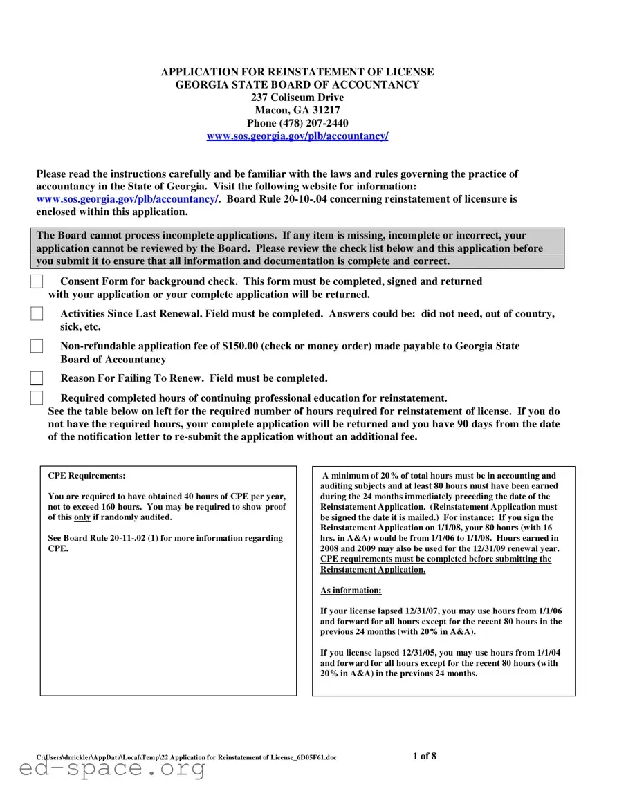 Blank Georgia Reinstatement Nursing PDF Form