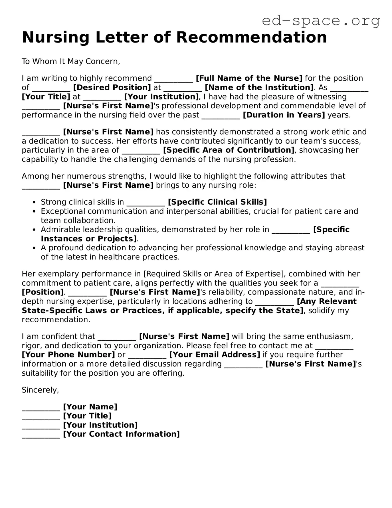 Fillable Nursing Letter of Recommendation Template