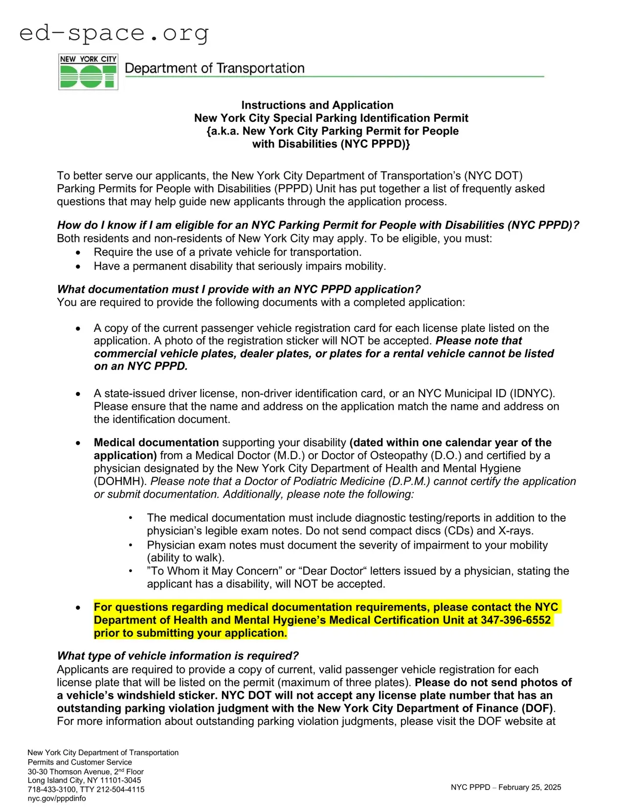 Blank NYC disability parking permit PDF Form