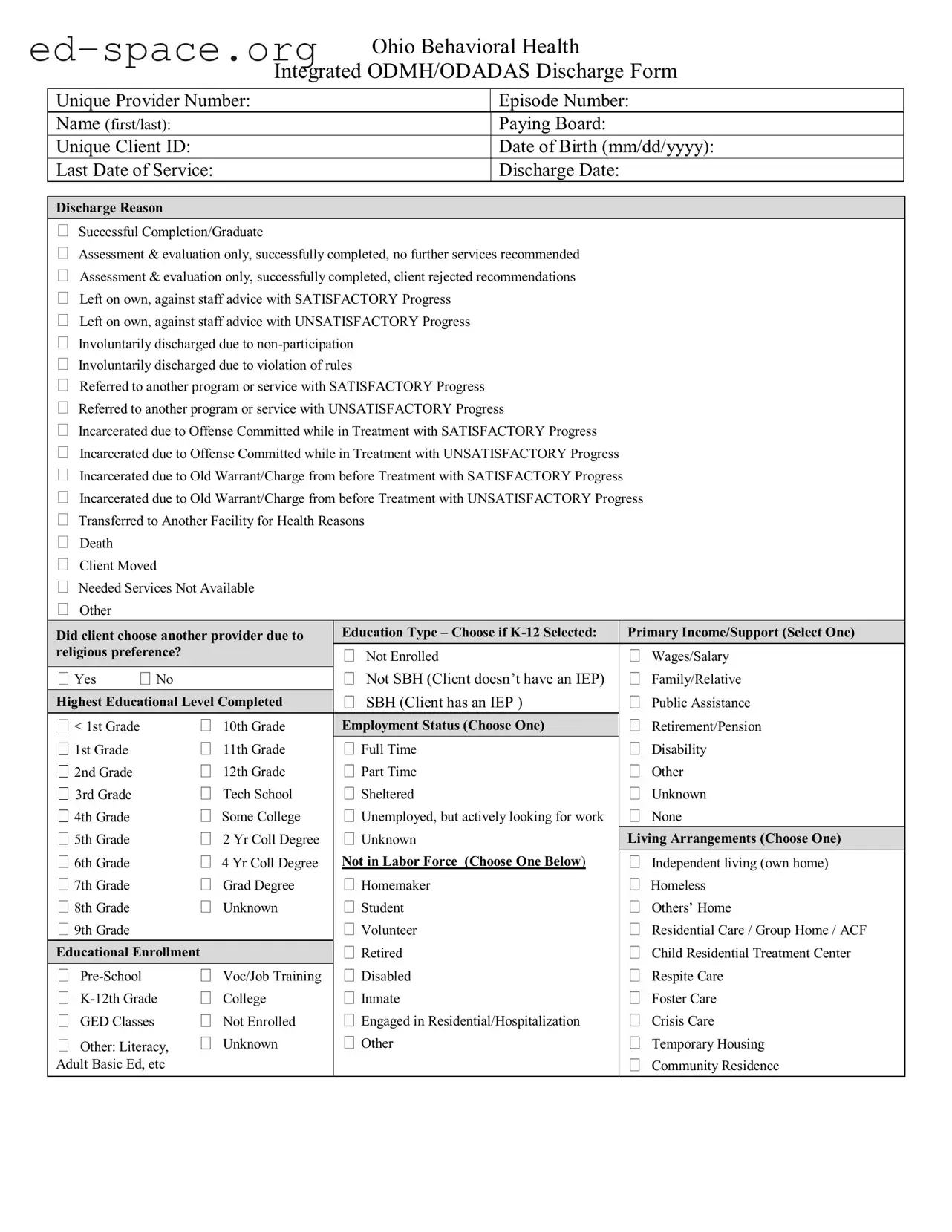 Blank Ohio Behavioral Discharge PDF Form