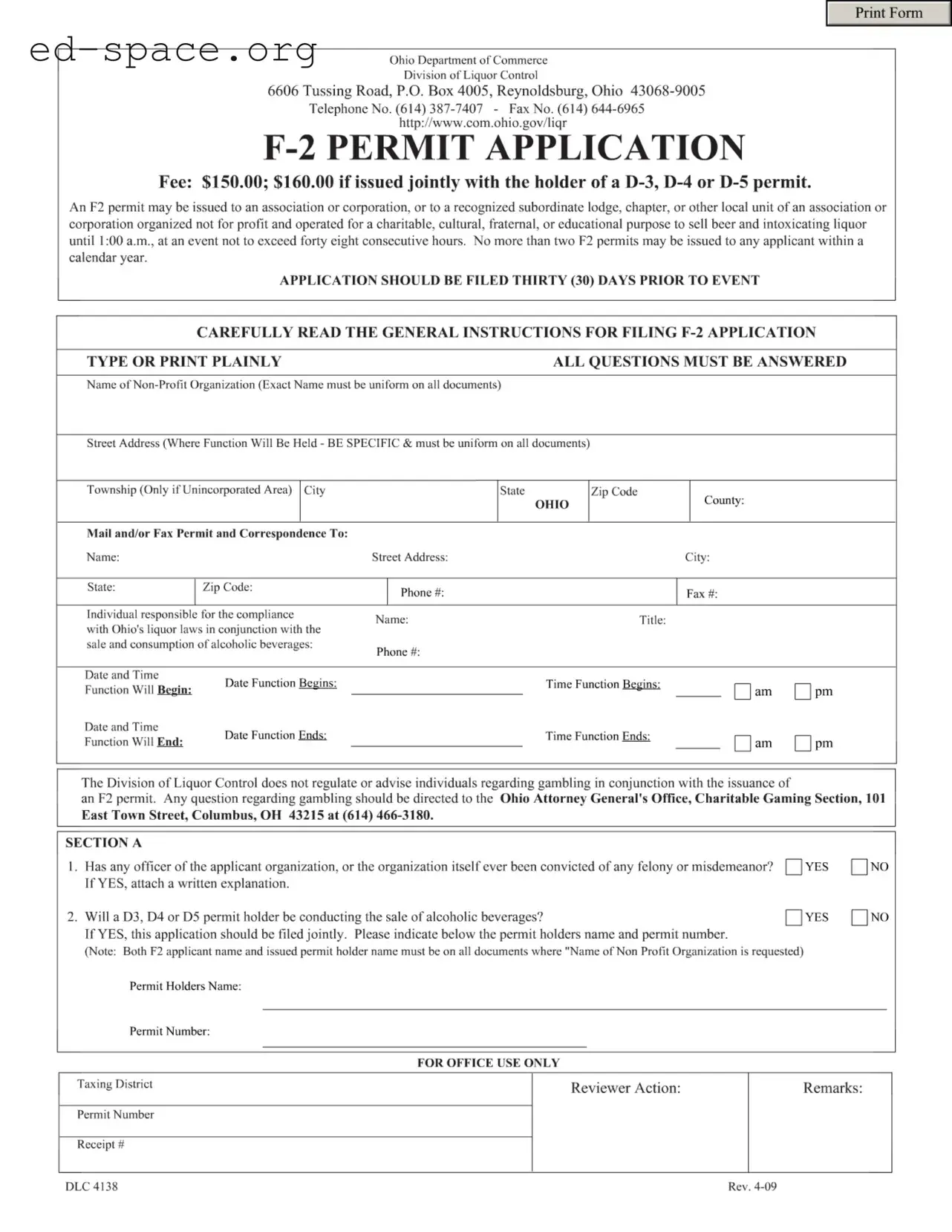 Blank Ohio F 2 Permit PDF Form