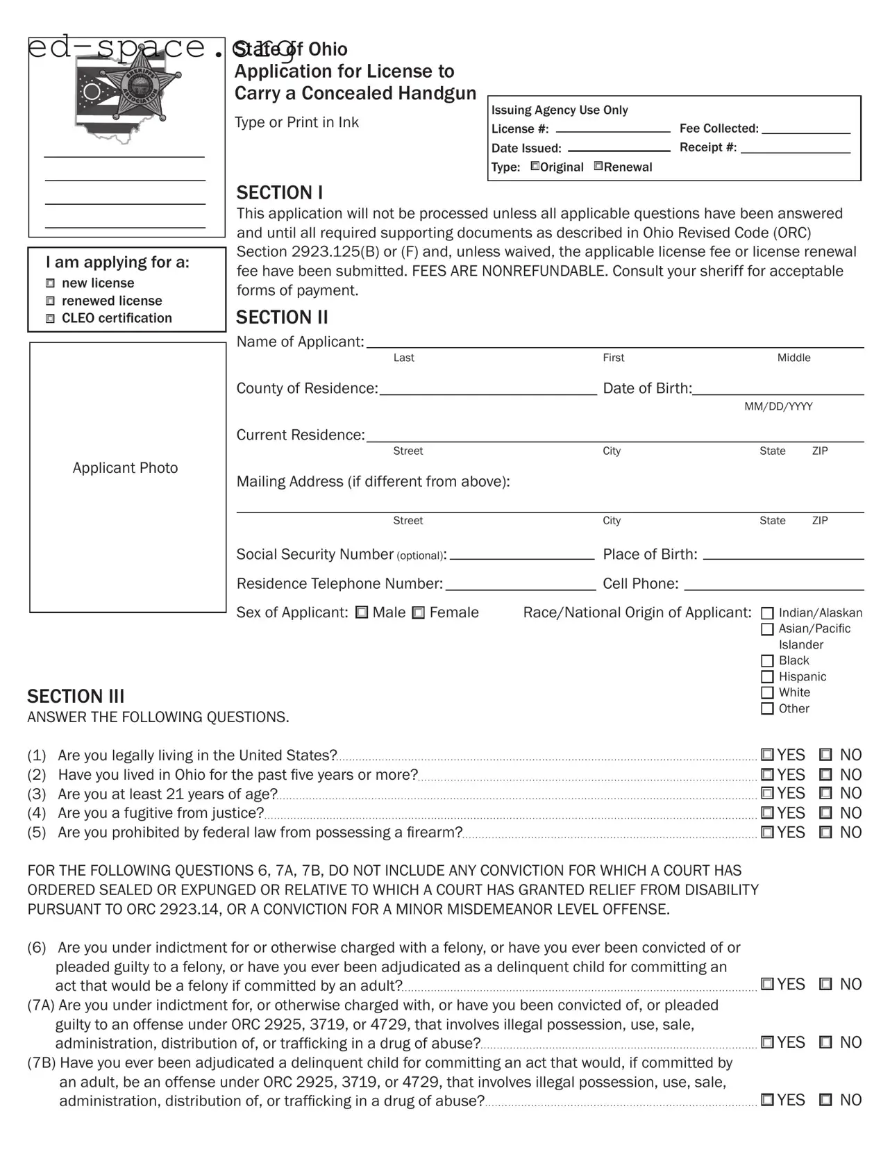 Blank Ohio Application Concealed PDF Form