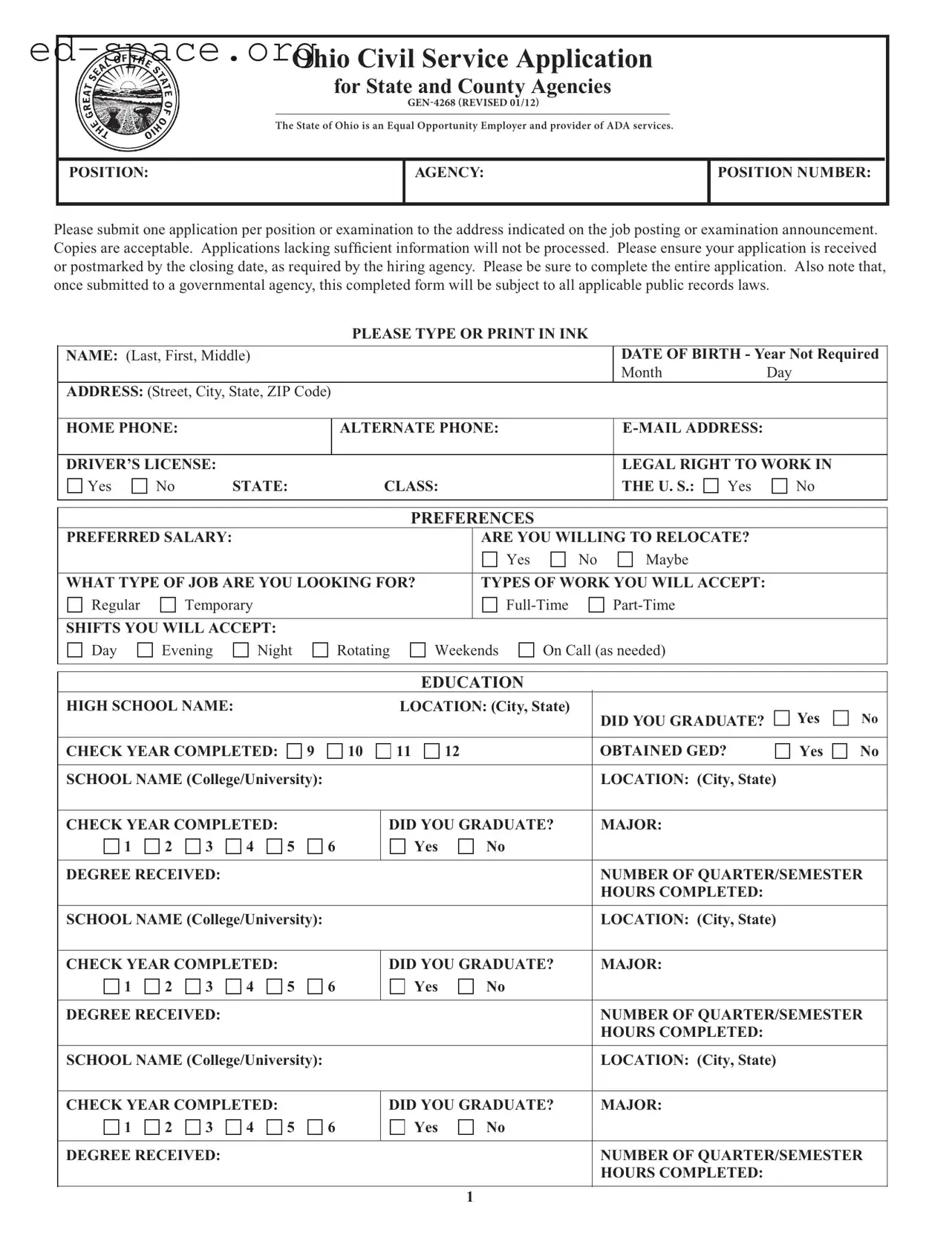 Blank Ohio Gen 4268 PDF Form