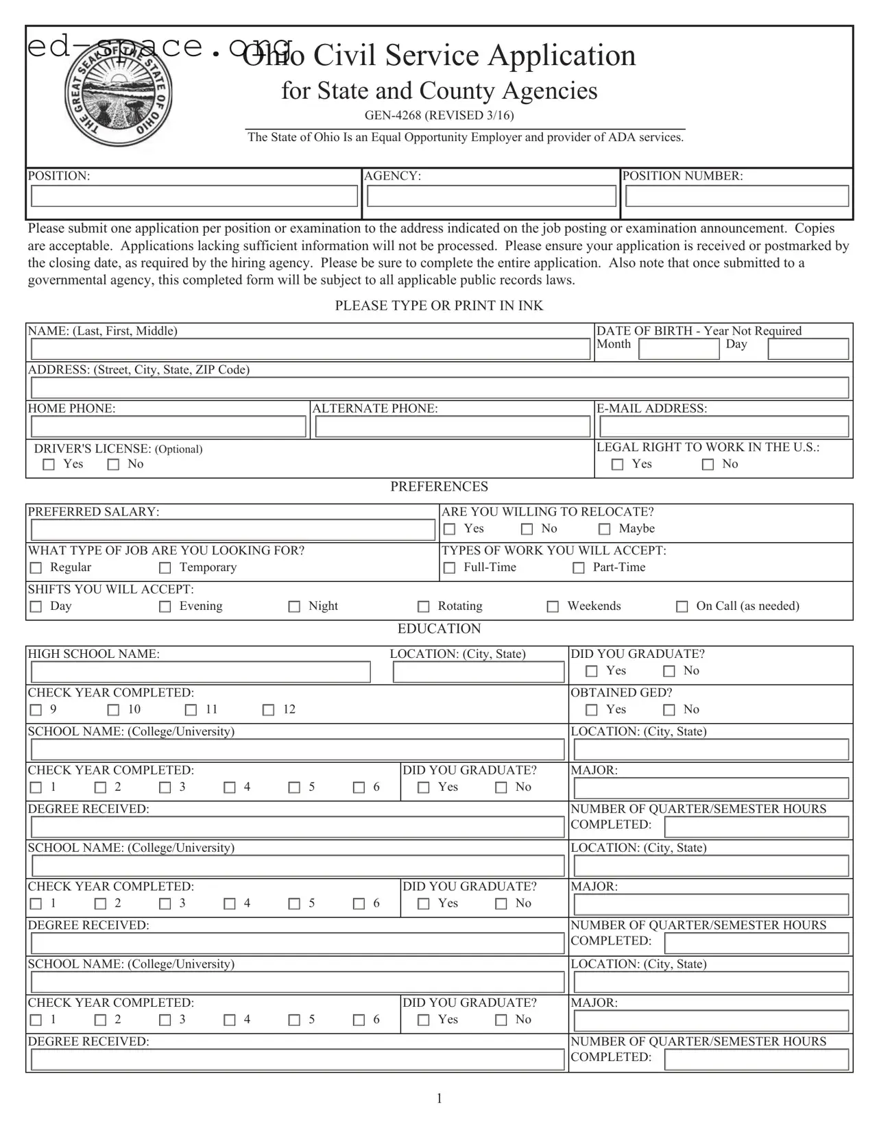 Blank Ohio Civil Service PDF Form