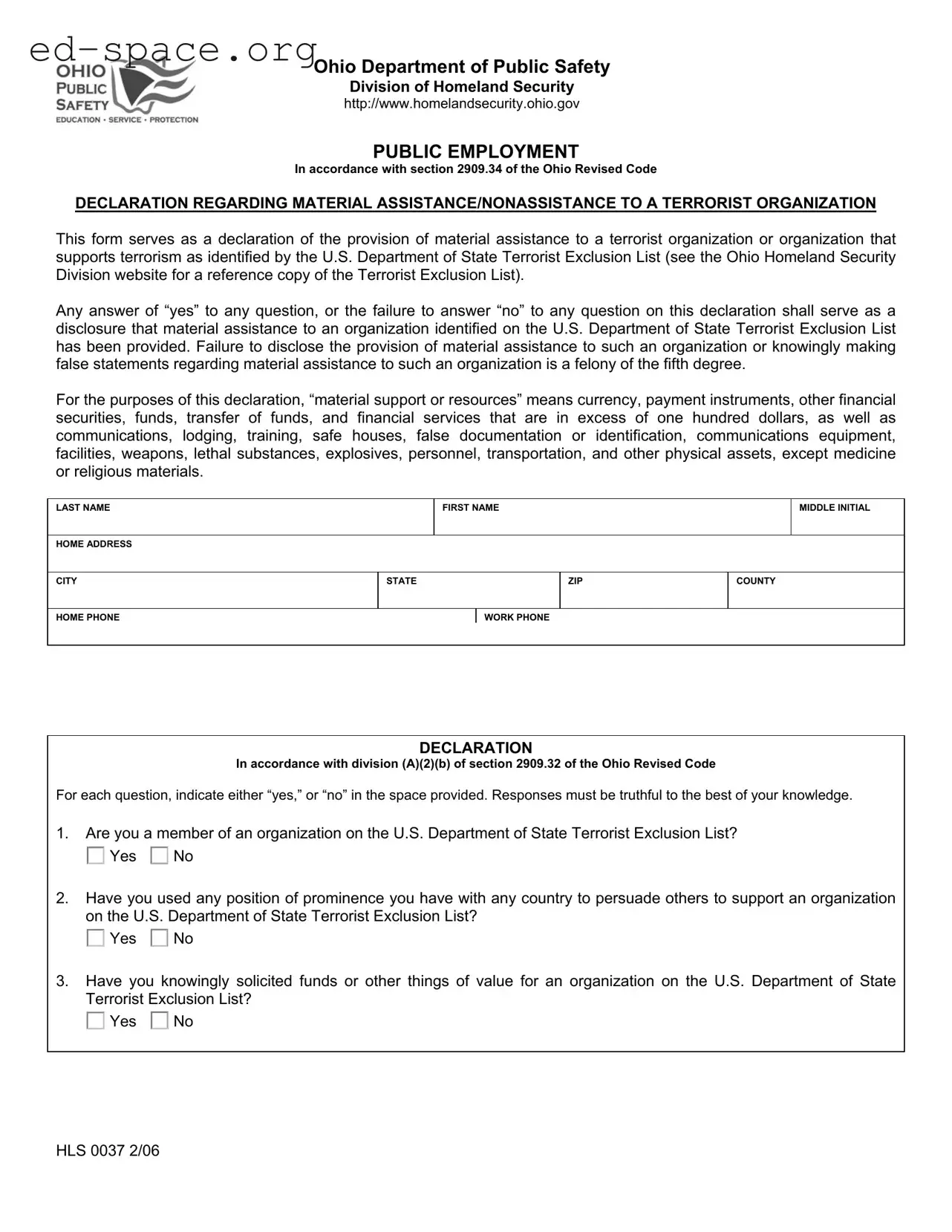 Blank Ohio Hls 0037 PDF Form