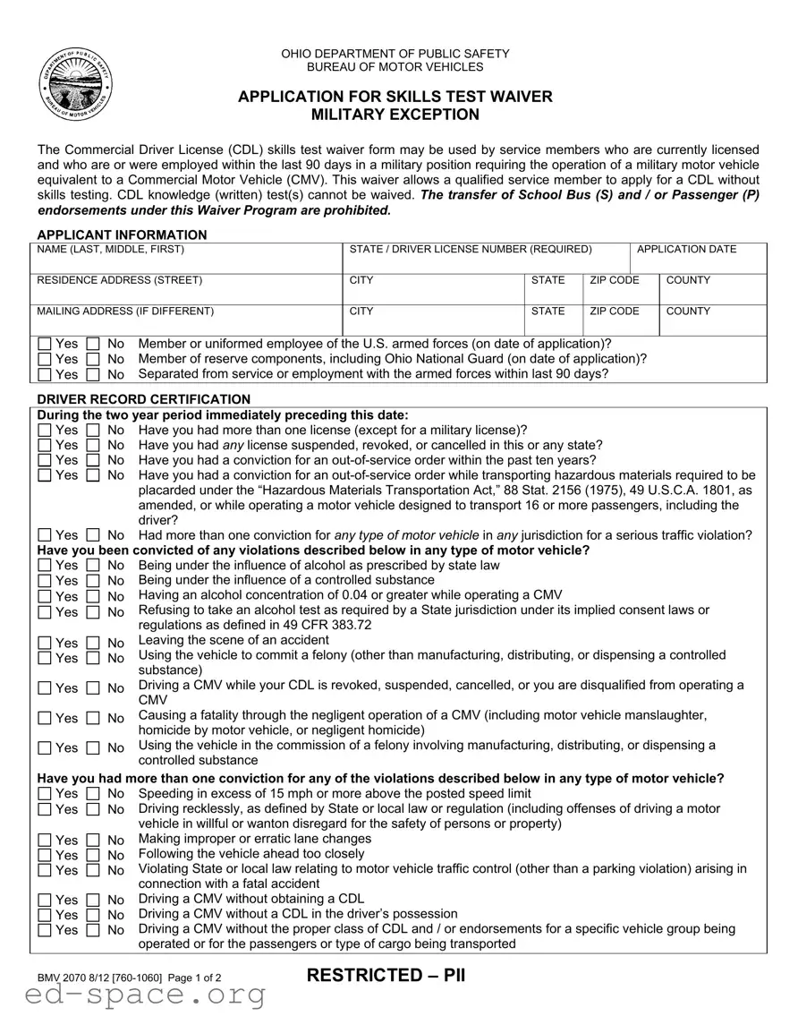 Blank Cdl Ohio 2070 PDF Form