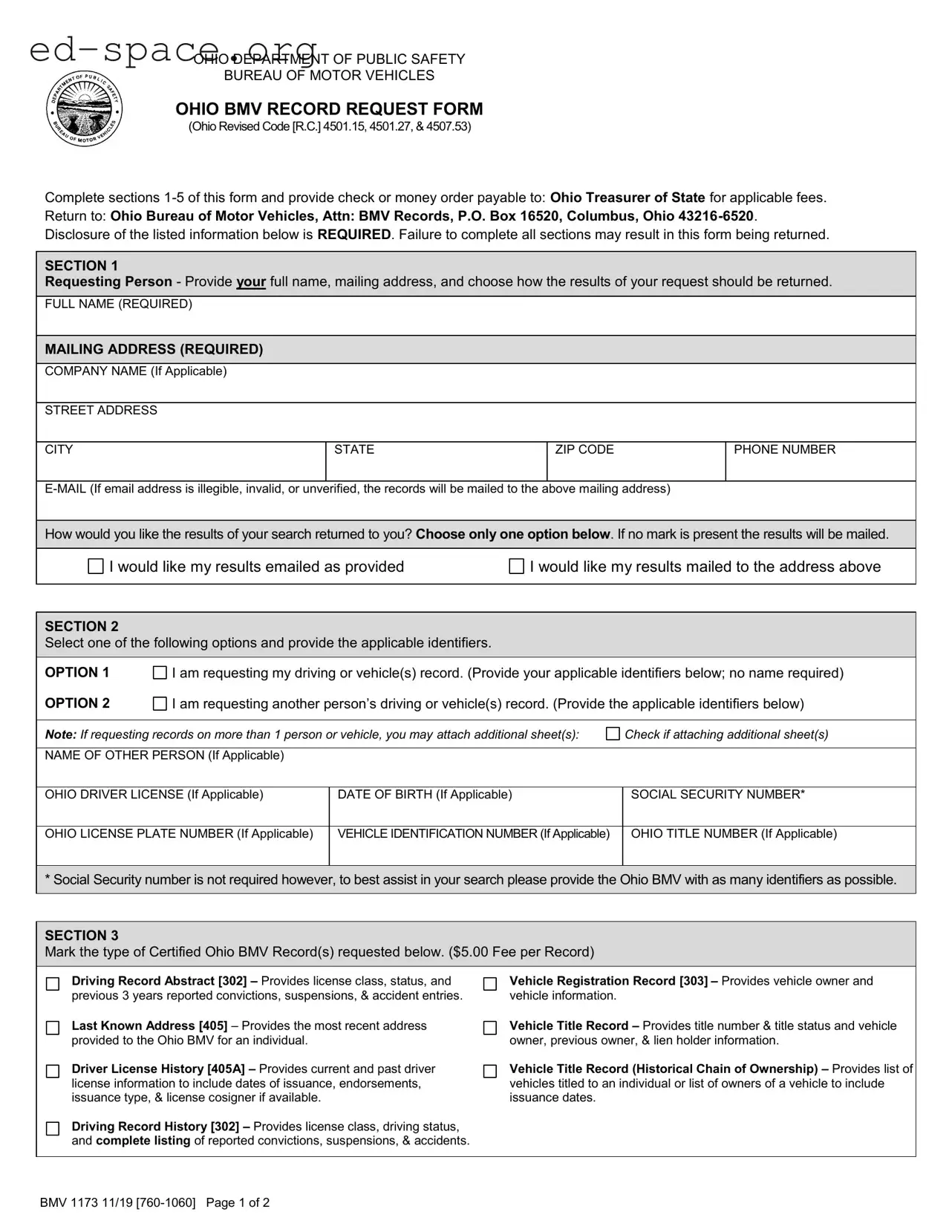 Blank Ohio Bmv 1173 PDF Form