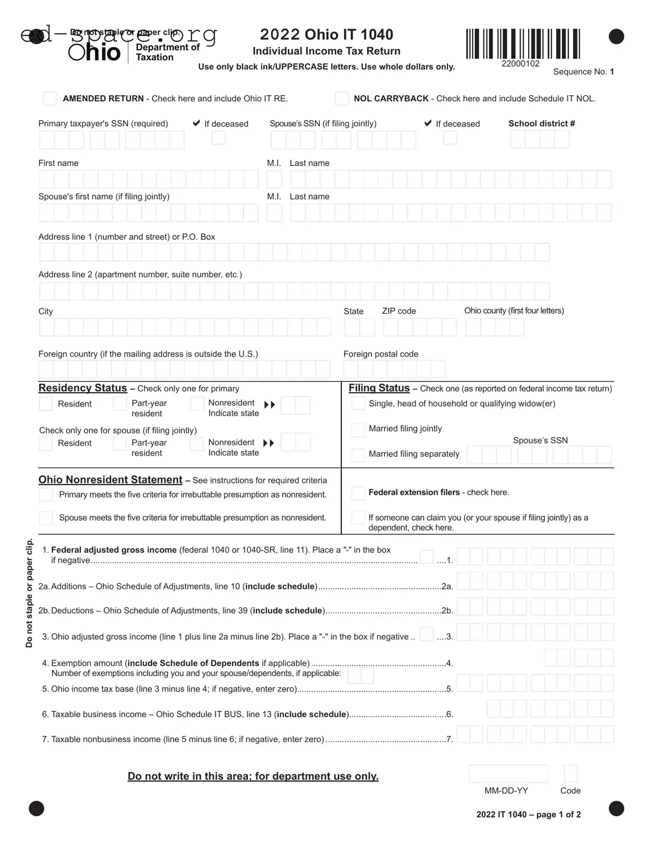 Blank Ohio It 1040Ez PDF Form