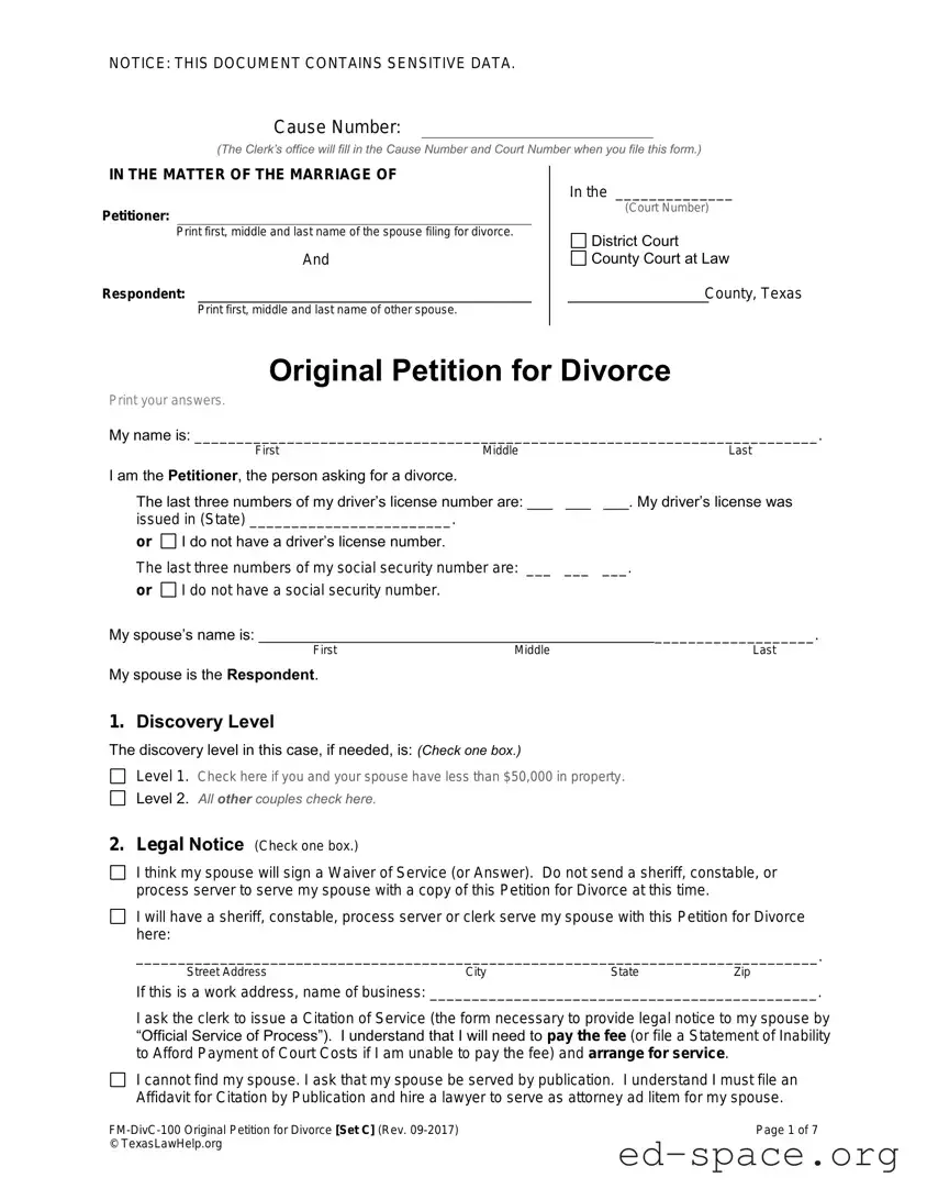 Blank Texas Law Help FM-DivC-100 Original Petition for Divorce Set C PDF Form
