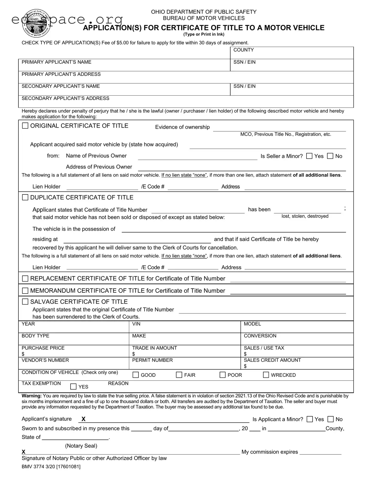 Blank Ohio Bmv Application PDF Form