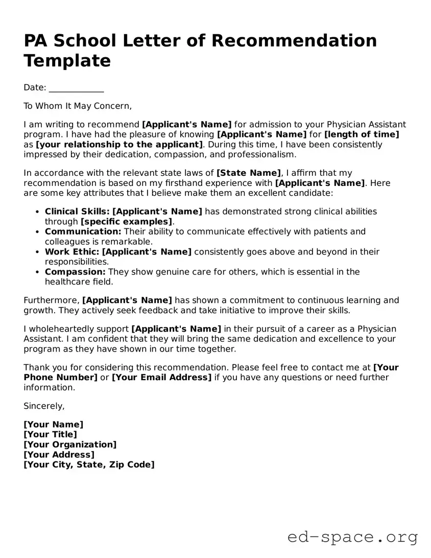 Fillable PA School Letter of Recommendation Template