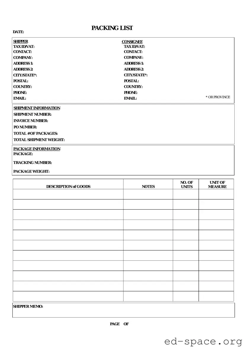 Blank Packing List PDF Form