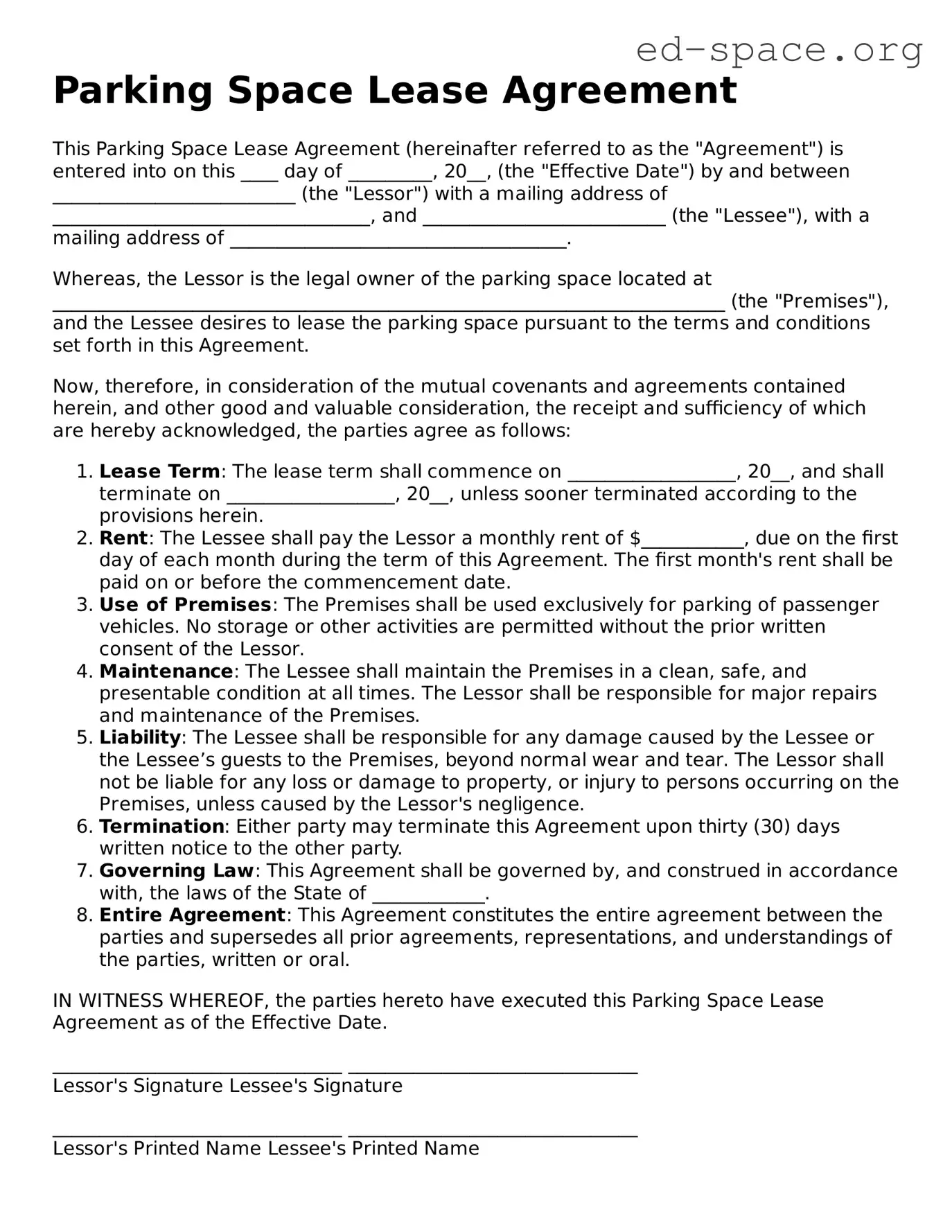 Fillable Parking Space Lease Agreement Template