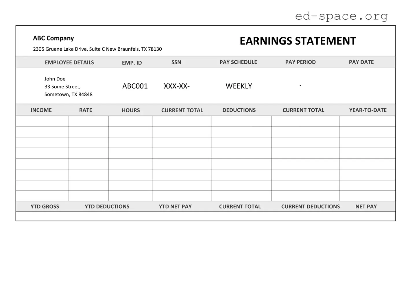 Blank Independent Contractor Pay Stub PDF Form