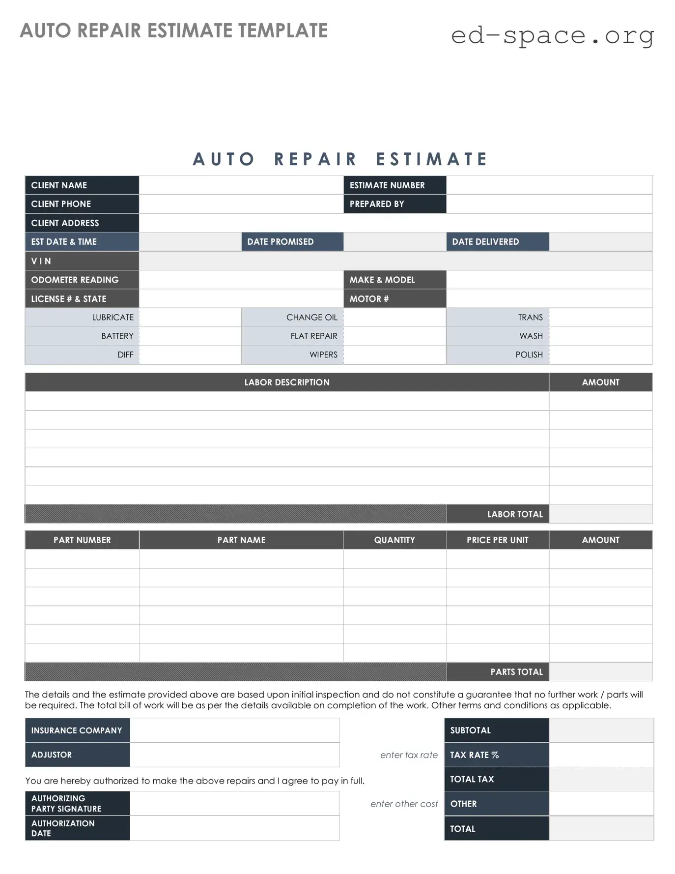 Blank Auto Repair Estimate PDF Form