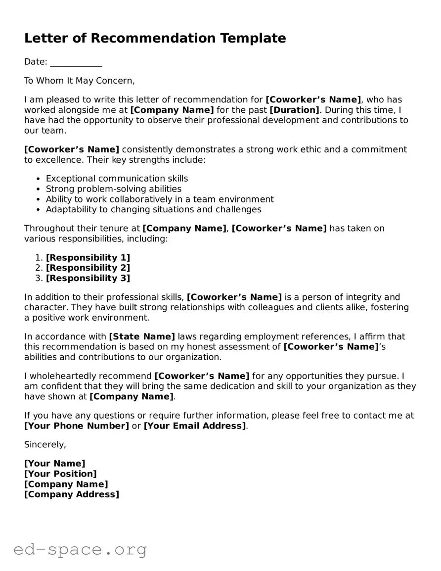 Fillable Letter of Recommendation for Coworker Template