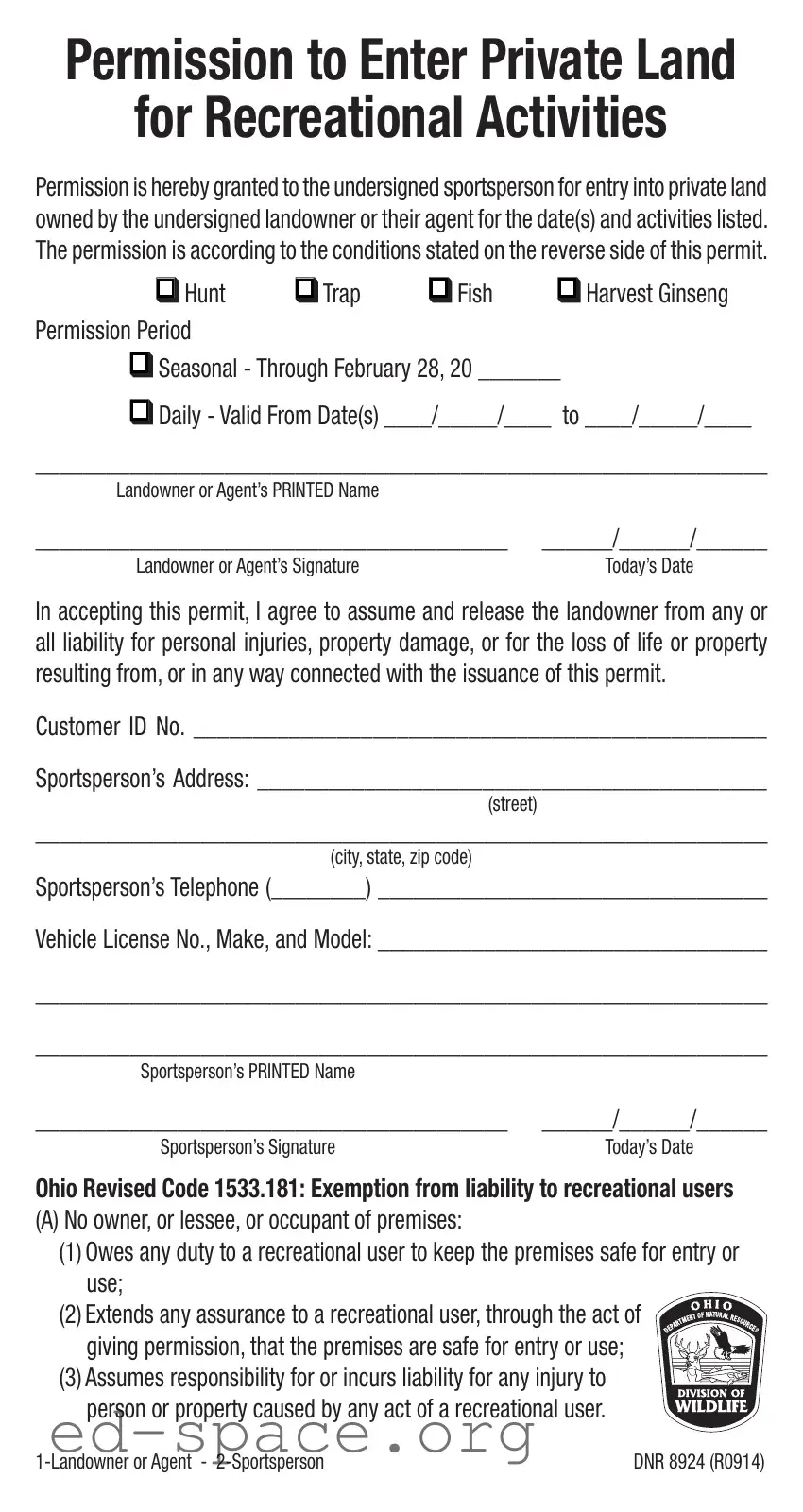 Blank Application For Hunting Permission PDF Form
