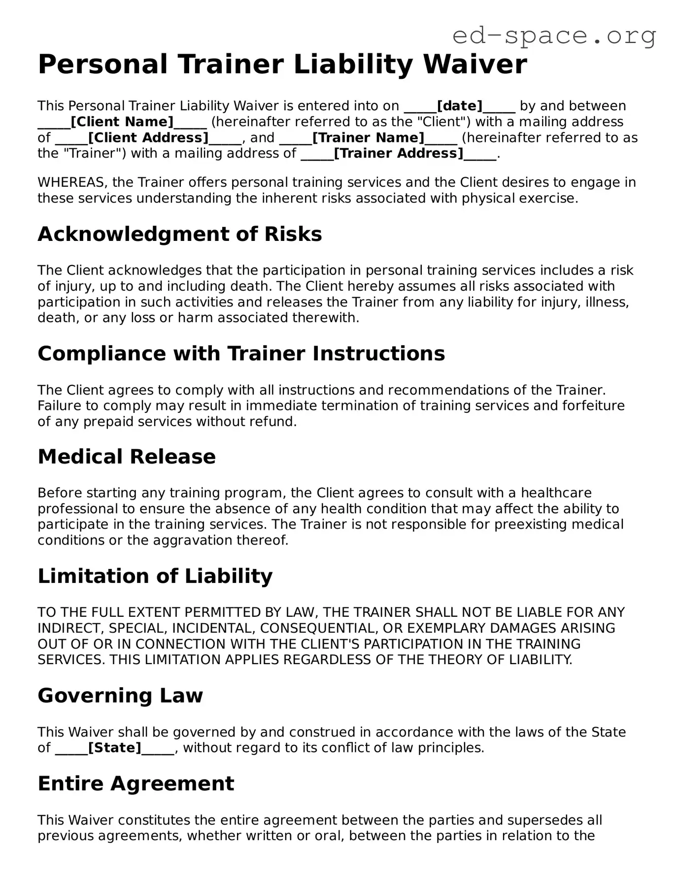 Fillable Personal Trainer Liability Waiver Template