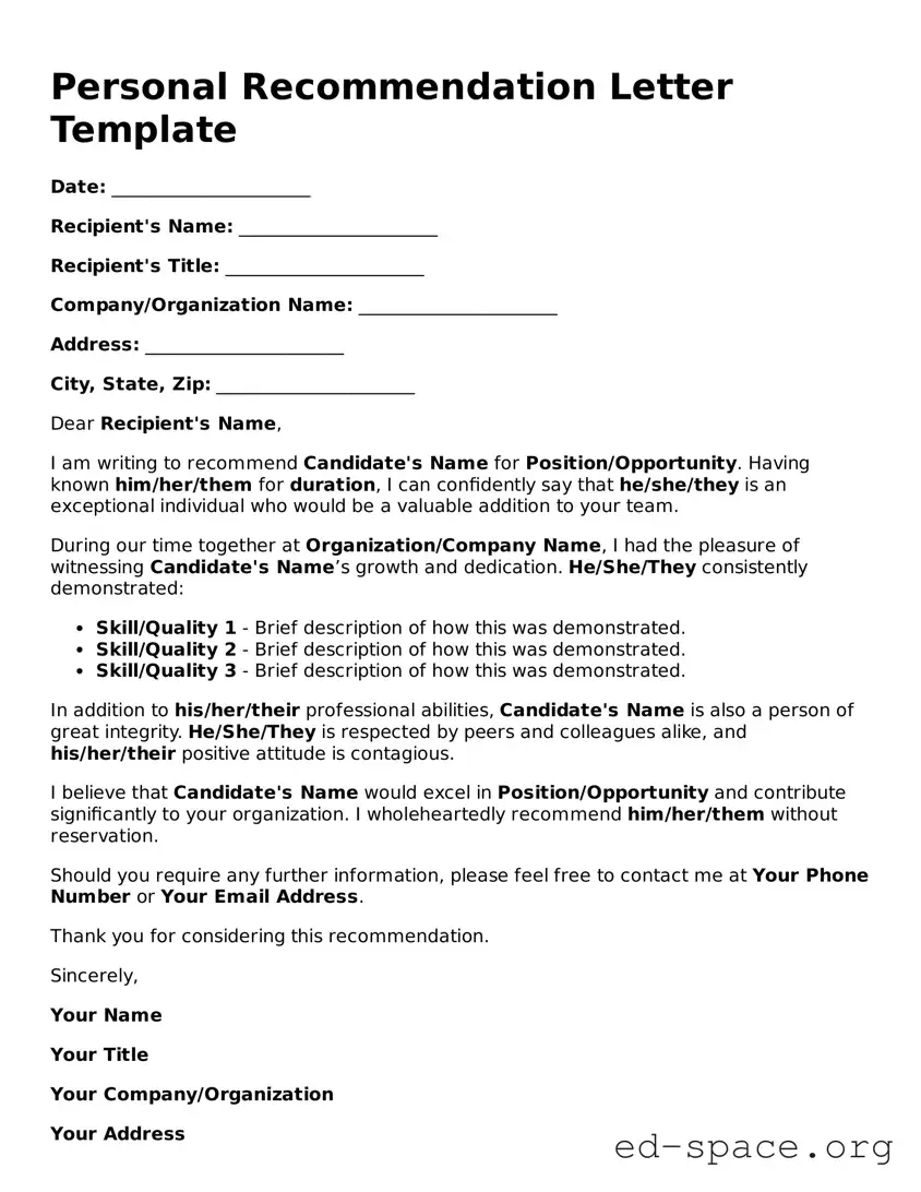 Fillable Personal Recommendation Letter Template