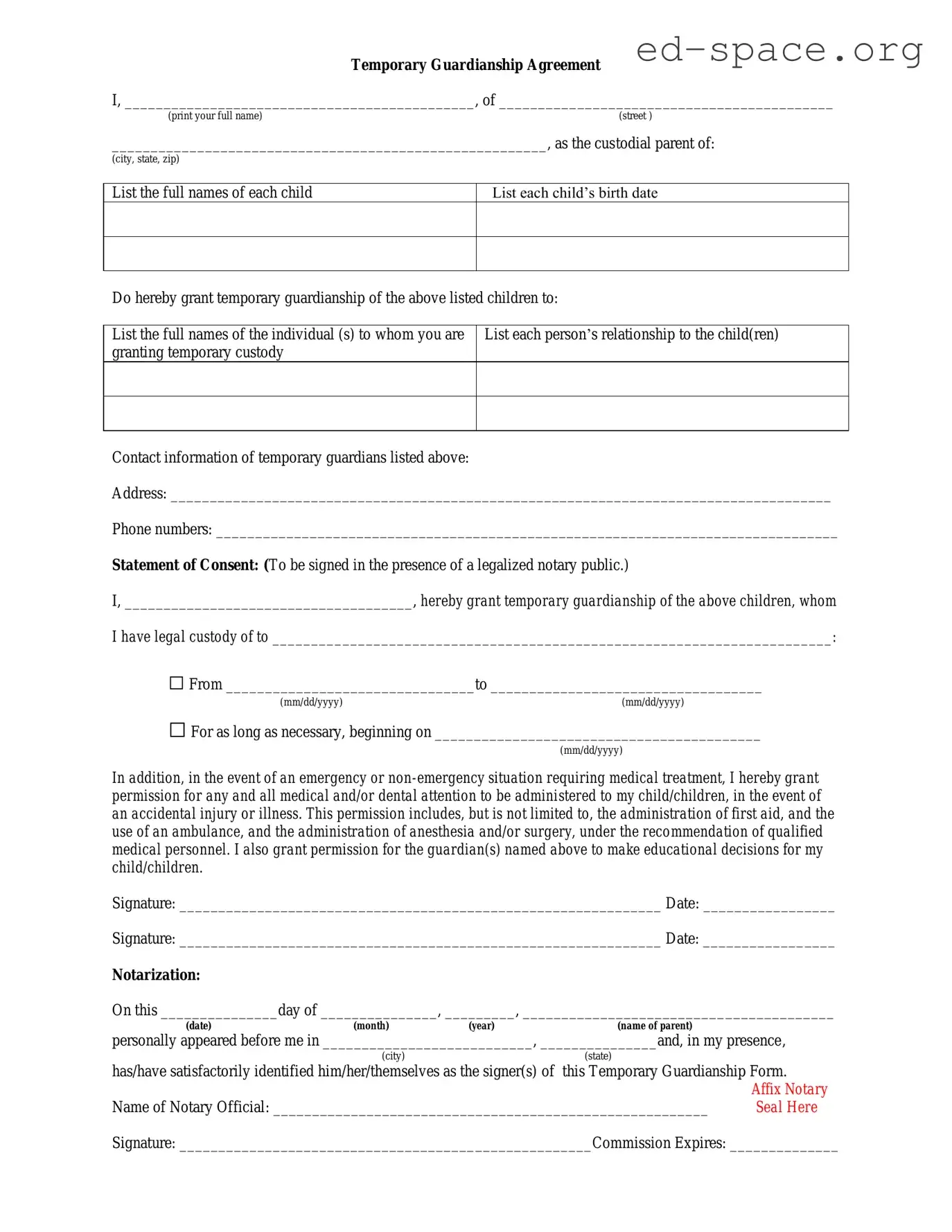 Blank Temporary Custody PDF Form