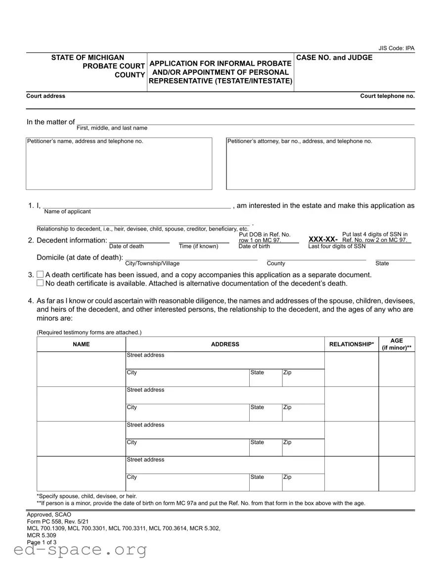 Blank Michigan Pc 558 PDF Form