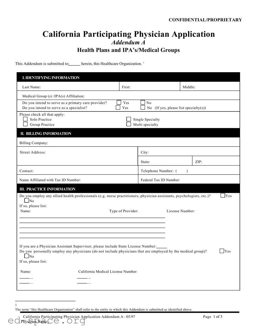 Blank California Participating Physician PDF Form