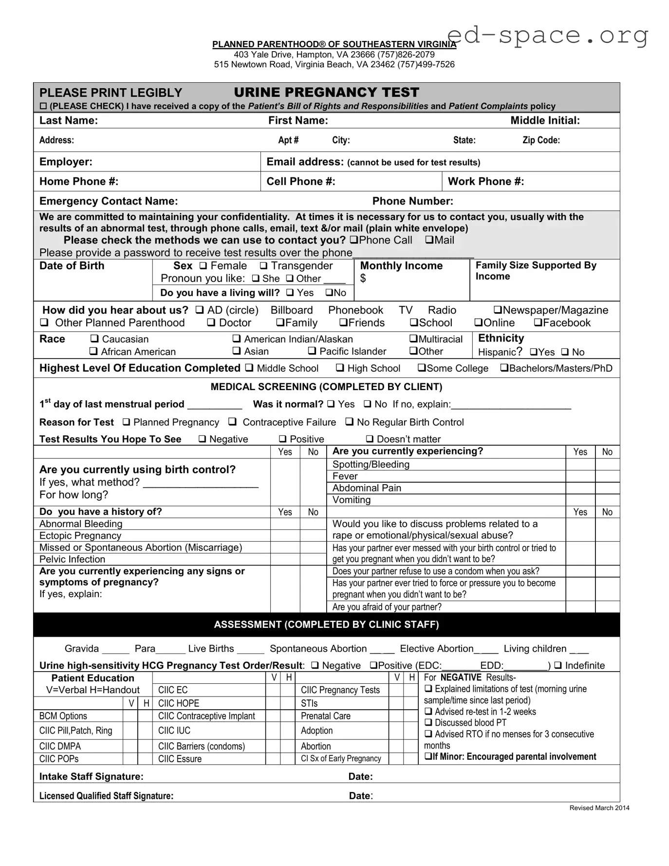 Blank Planned Parenthood Proof PDF Form