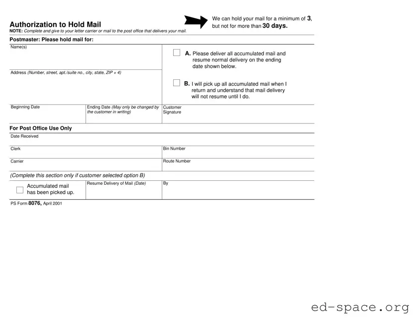Blank Usps Hold Mail Request PDF Form