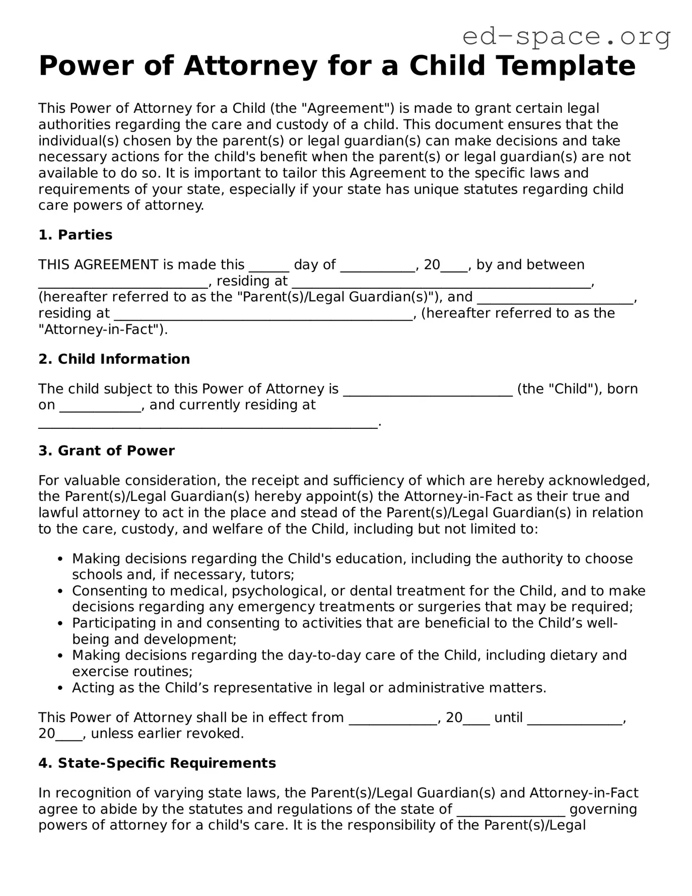 Fillable Power of Attorney for a Child Template