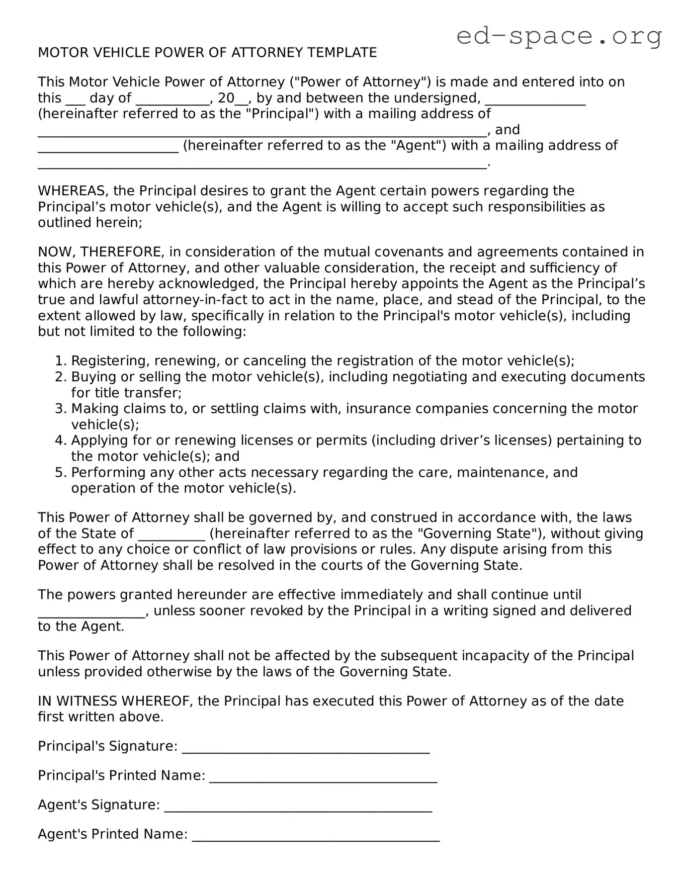 Fillable Motor Vehicle Power of Attorney Template